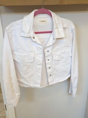 Mono B White Cropped Denim Jacket with Raw Hem